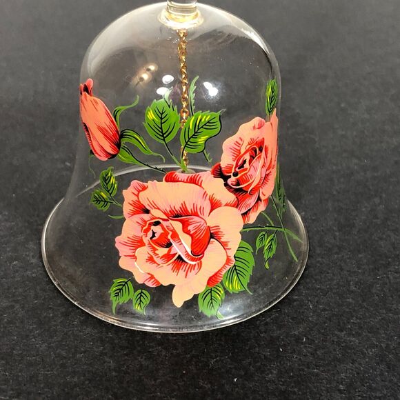 Clear Glass Bell Glass, Pink Roses, 6 1/2" Tall Vintage - Picture 1 of 9